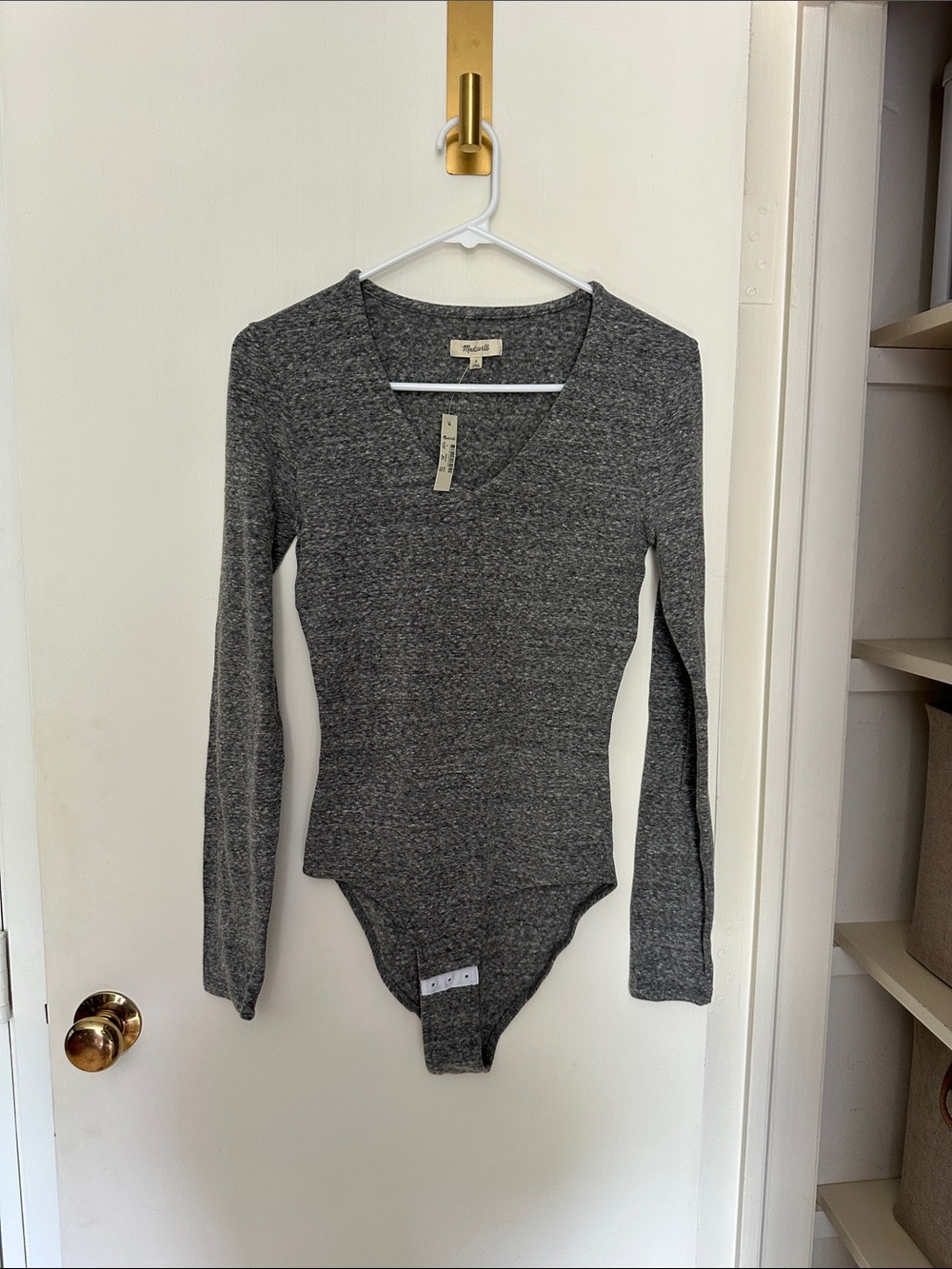 Madewell Gray Ribbed V-Neck Long Sleeve Bodysuit